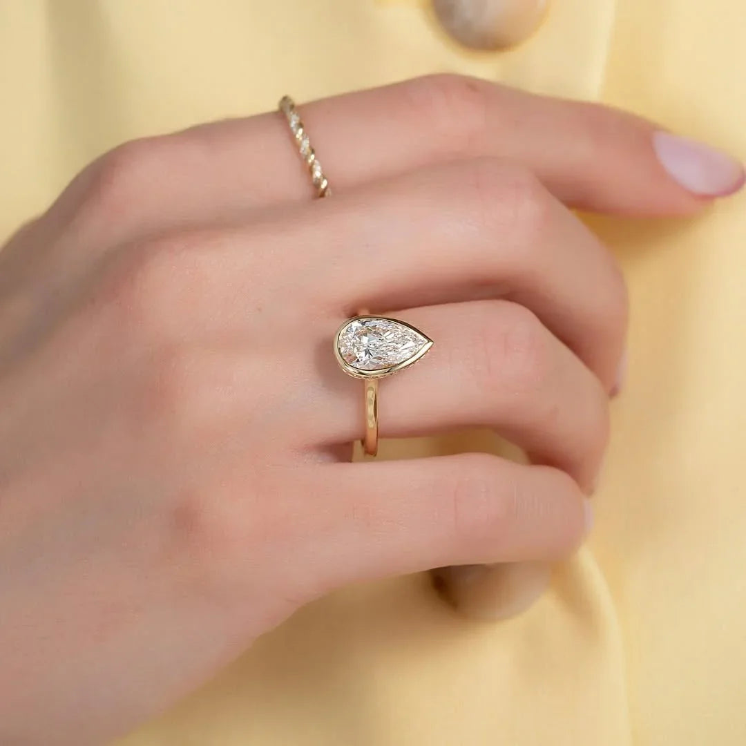 Pear cut lab grown diamond 2.00 CT engagement ring IGI certified solitaire, full bezel setting hidden halo bridal luxury ethical jewelry ring