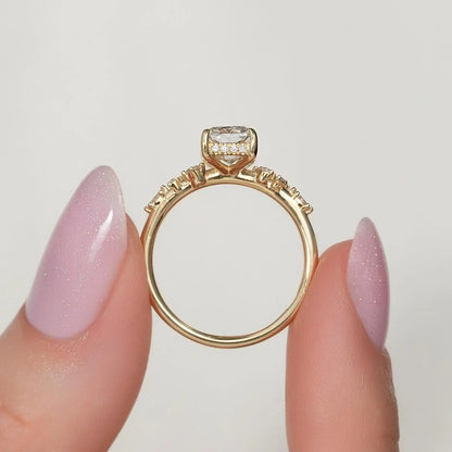 Elegant 2.00ct radiant cut lab grown diamond engagement ring with hidden halo, shared prong design, IGI certified bridal wedding solitaire ring