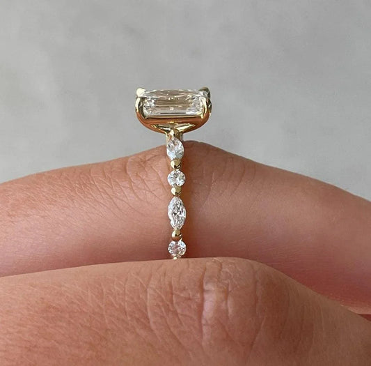 Emerald cut 2.00 TCW lab grown diamond engagement ring, minimalist solitaire accent design, IGI certified, bridal wedding luxury sustainable diamond ring