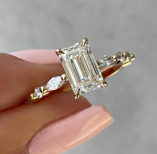 2.00 TCW emerald lab grown diamond engagement ring, minimalist solitaire with accent stones, IGI certified bridal wedding ring, luxury ethical jewelry