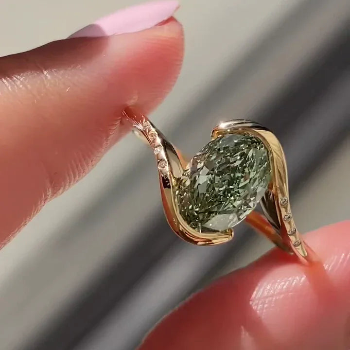 2.00 CT Fancy Green Oval Lab Grown Diamond Engagement Ring IGI Certified, Elegant Bypass Style, Sustainable Bridal Jewelry, Wedding Ring For Women