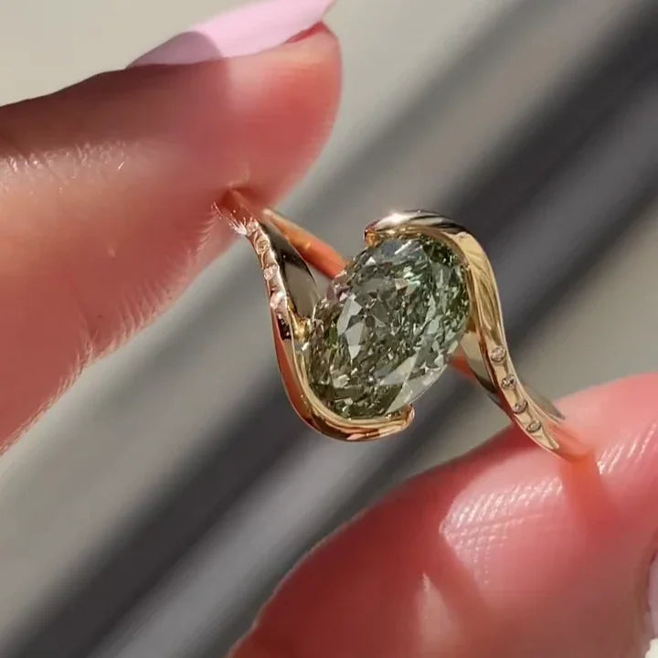 Fancy Green Oval Lab Grown Diamond 2.00 TCW Engagement Ring IGI Certified, Modern Bypass Design, Sustainable Luxury Bridal Jewelry For Engagement