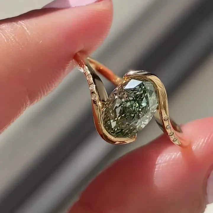 2.00 TCW Fancy Green Oval Lab Grown Diamond Engagement Ring | Modern Bypass Ring | IGI Certified 