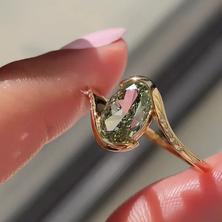 2.00 TCW Fancy Green Oval Lab Grown Diamond Engagement Ring | Modern Bypass Ring | IGI Certified 