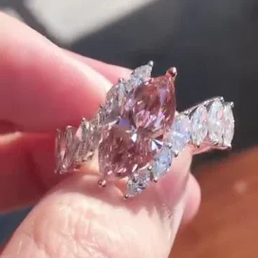 2.00 TCW Fancy Pink Marquise Lab Grown Diamond Engagement Ring | Double Row Side Stone Design | IGI Certified 