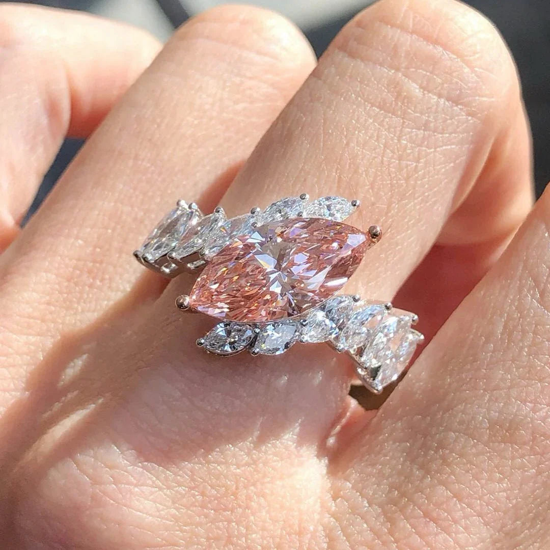 2.00 TCW Fancy Pink Marquise Lab Grown Diamond Engagement Ring | Double Row Side Stone Design | IGI Certified 