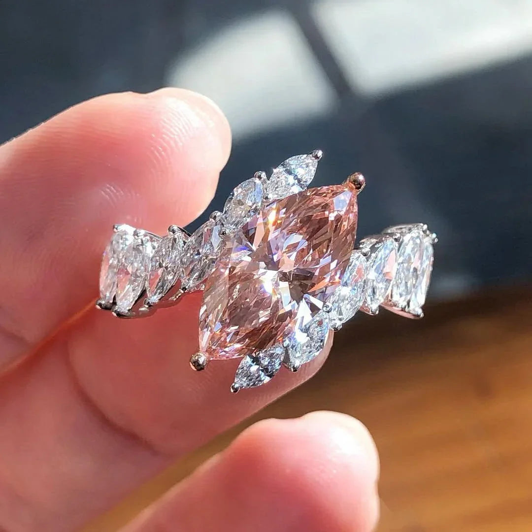 1.00 CT Fancy Pink Marquise Lab Grown Diamond Engagement Ring IGI Certified, Double Row Side Stone Design, Luxury Bridal Wedding Jewelry For Her