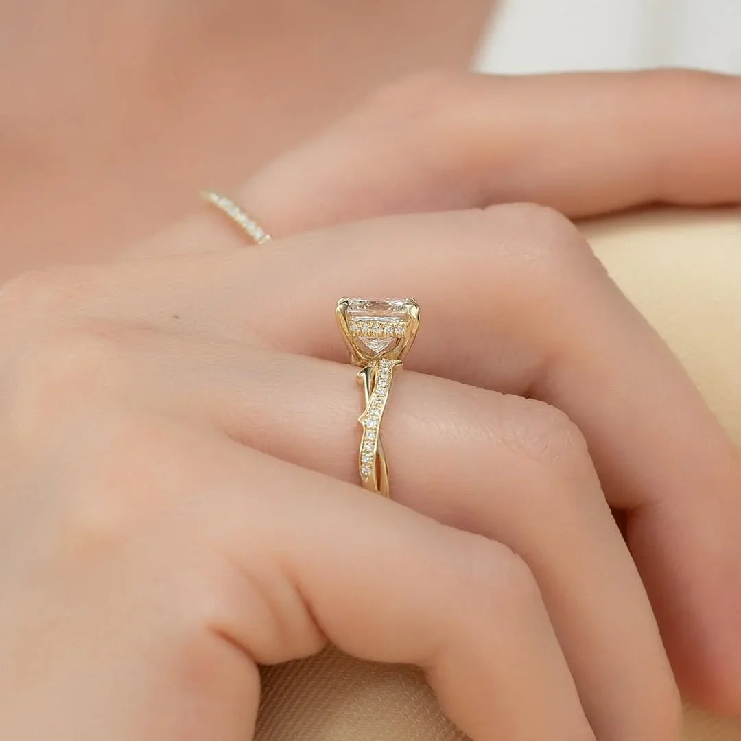 Premium 2.00ct princess lab grown diamond engagement ring IGI certified sustainable ethical diamond, solitaire hidden halo pave twisted band luxury bridal ring
