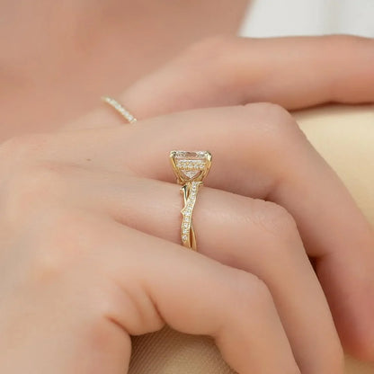 Premium 2.00ct princess lab grown diamond engagement ring IGI certified sustainable ethical diamond, solitaire hidden halo pave twisted band luxury bridal ring