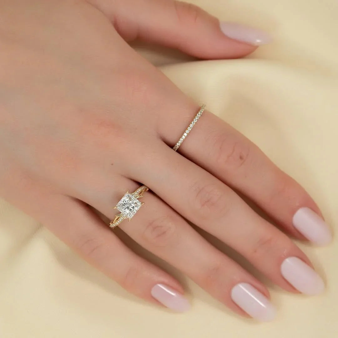 2.00ct Princess Lab Grown Diamond Engagement Ring | Solitaire Pave Twisted Band Hidden Halo | IGI Certified 