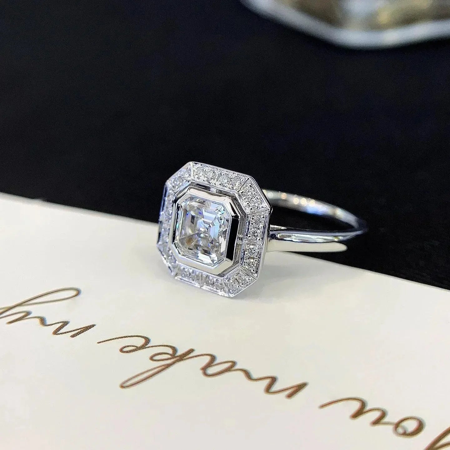 2.00TCW Asscher Lab Grown Diamond Engagement Ring | Bezel Halo Cathedral Setting | IGI Certified 