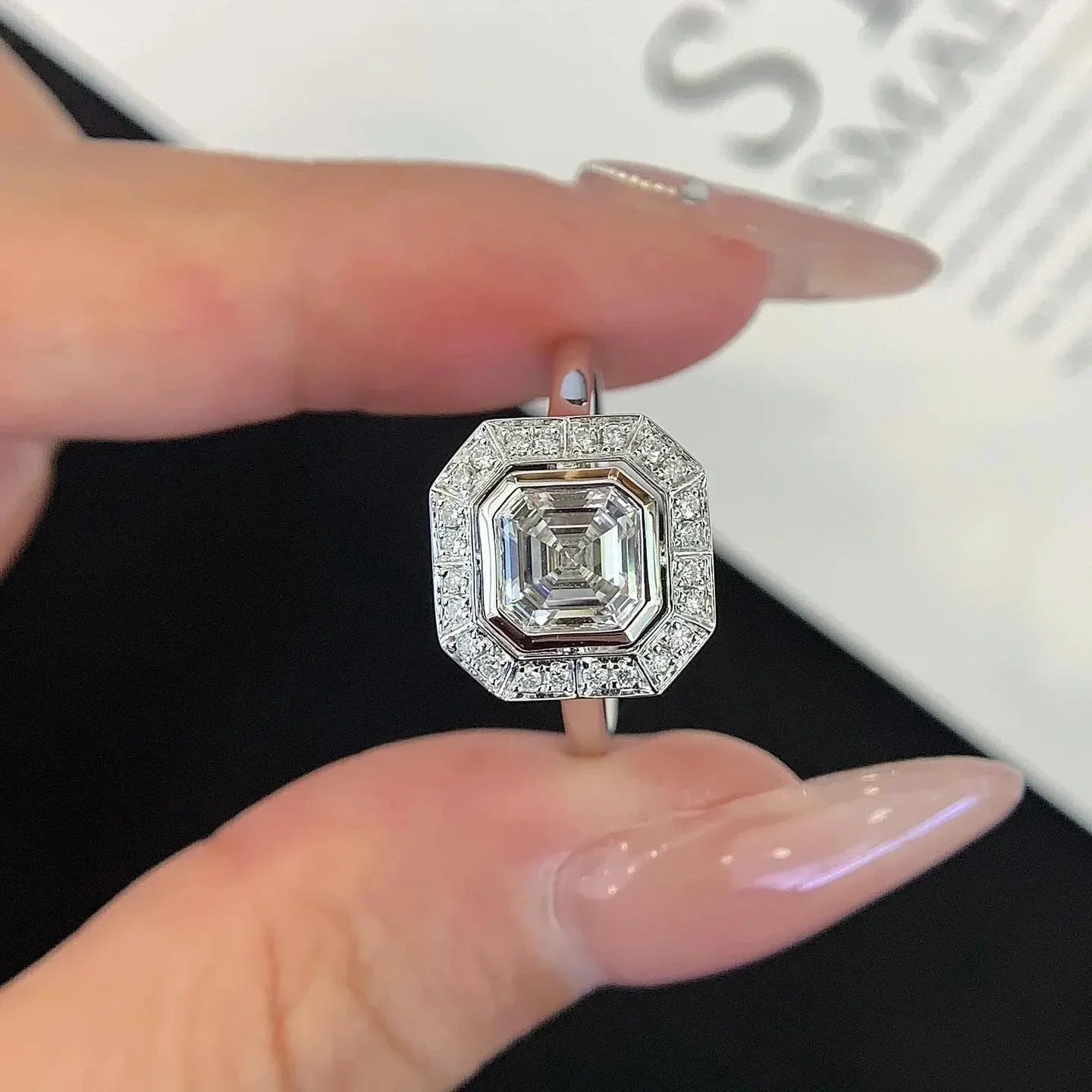 Luxury 2.00TCW asscher lab grown diamond engagement ring IGI certified ethical diamond bezel halo cathedral setting wedding bridal fine jewelry ring