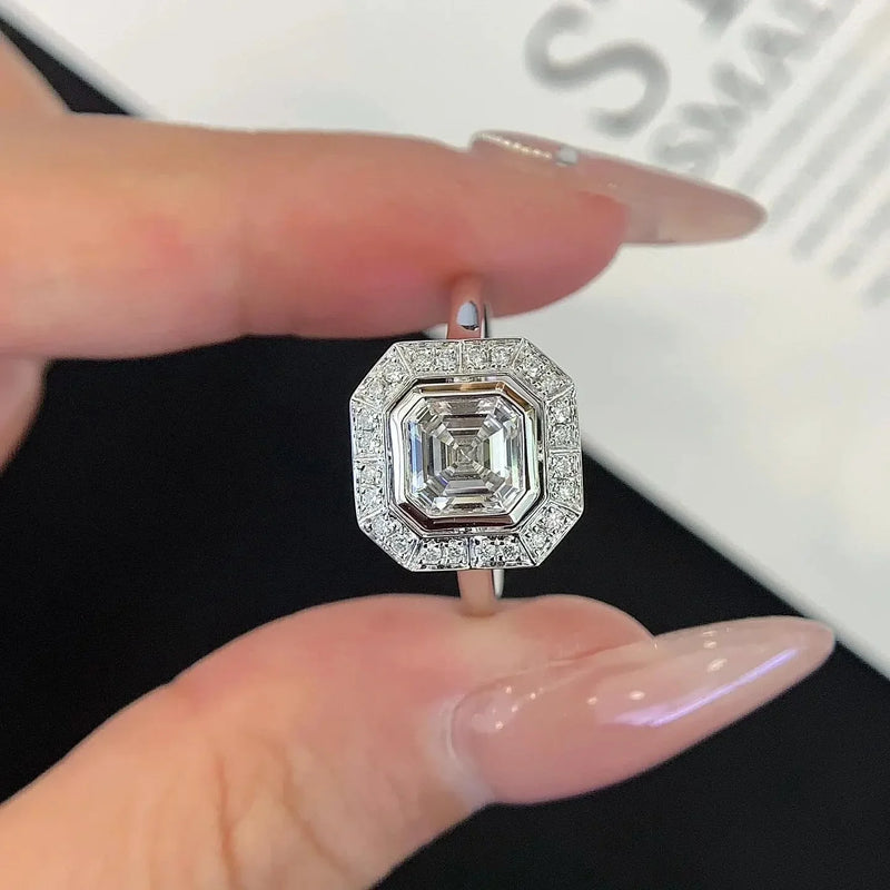 1.50CT Asscher Lab Grown Diamond Engagement Ring | Bezel Halo Cathedral Setting | IGI Certified
