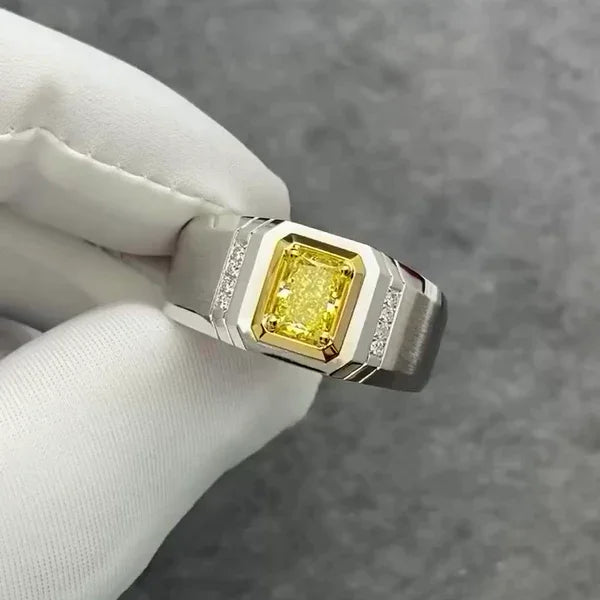 2.05 TCW fancy yellow radiant lab grown diamond IGI certified men’s bezel set ring engagement wedding luxury gold fine jewelry statement piece
