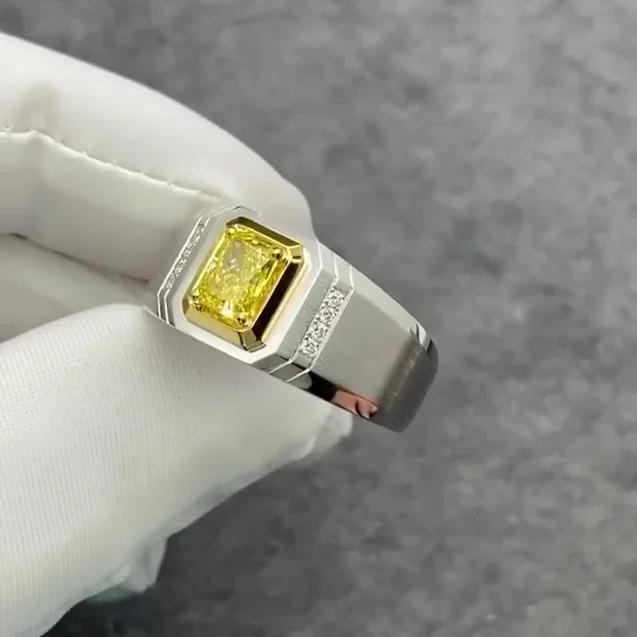 IGI certified 2.05 TCW fancy yellow radiant lab grown diamond men’s ring bezel setting gold engagement wedding fine jewelry luxury bold design piece