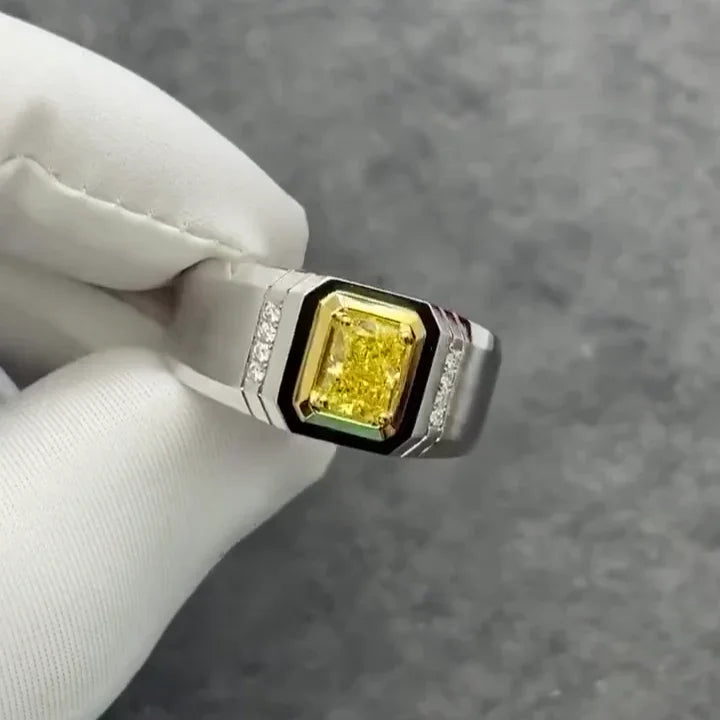 2.00 CT Fancy Yellow Radiant Lab Grown Diamond Ring | Bezel Set Men’s Design | IGI Certified