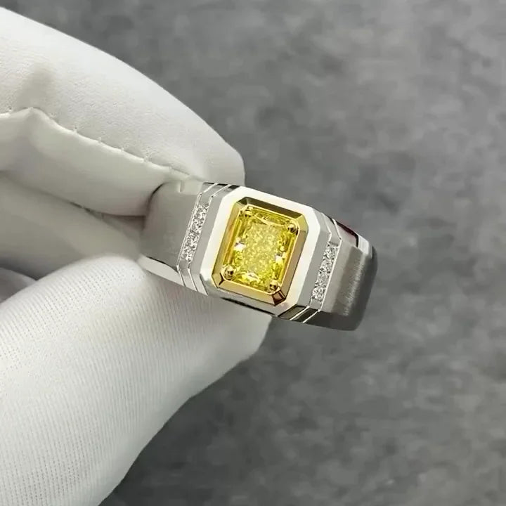2.05 TCW fancy yellow radiant lab grown diamond men’s ring IGI certified bezel set gold engagement wedding fine jewelry bold luxury masculine style