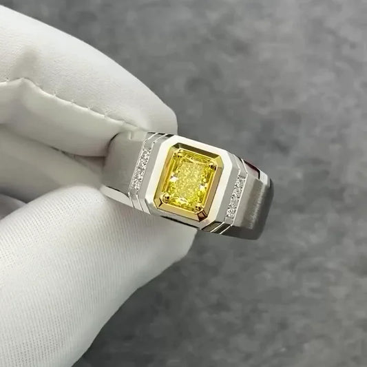 2.05 TCW fancy yellow radiant lab grown diamond men’s ring IGI certified bezel set gold engagement wedding fine jewelry bold luxury masculine style