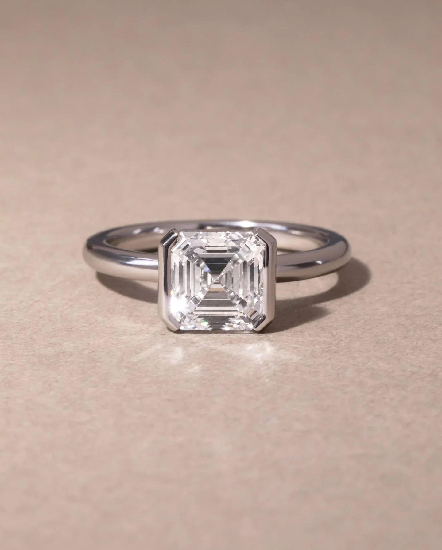 2.0ct Asscher lab grown diamond engagement ring IGI certified half bezel setting bridal wedding fine jewelry gold elegant luxury modern design ring