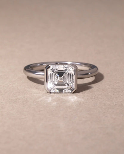 2.0ct Asscher lab grown diamond engagement ring IGI certified half bezel setting bridal wedding fine jewelry gold elegant luxury modern design ring