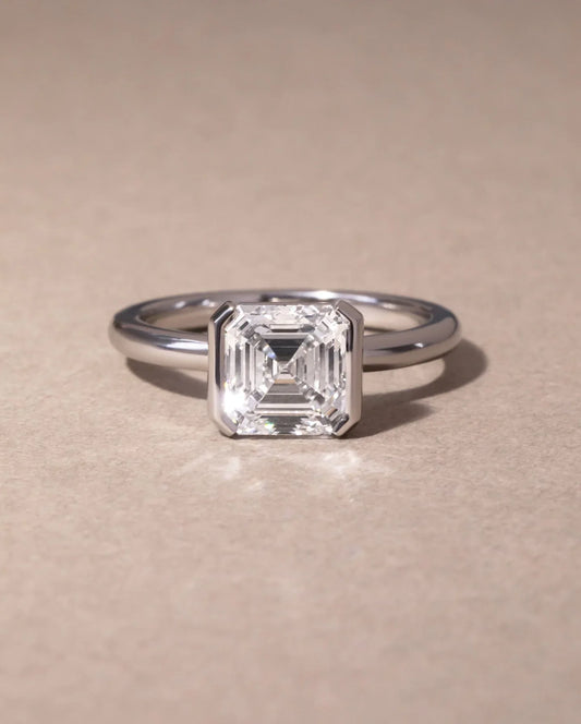 2.0ct Asscher lab grown diamond engagement ring IGI certified half bezel setting bridal wedding fine jewelry gold elegant luxury modern design ring