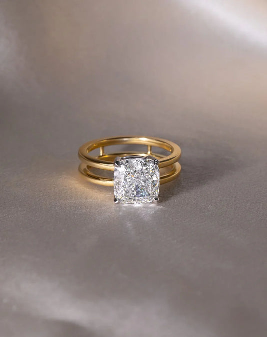 2.0ct cushion lab grown diamond engagement ring IGI certified solitaire double band setting bridal wedding gold fine jewelry luxury elegant design