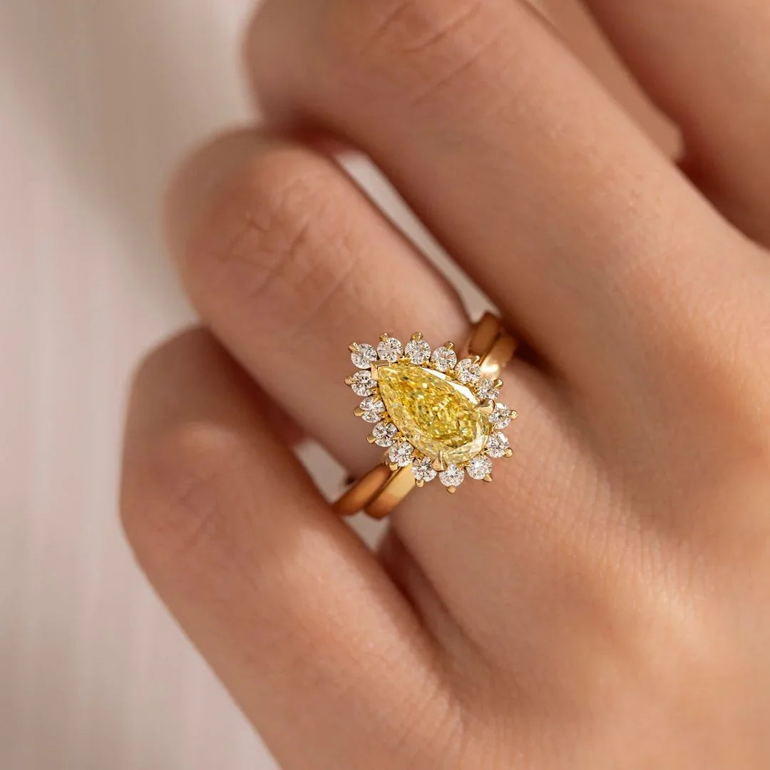 2.0ct fancy yellow pear lab grown diamond ring IGI certified crown setting engagement wedding bridal gold fine jewelry luxury statement ring design