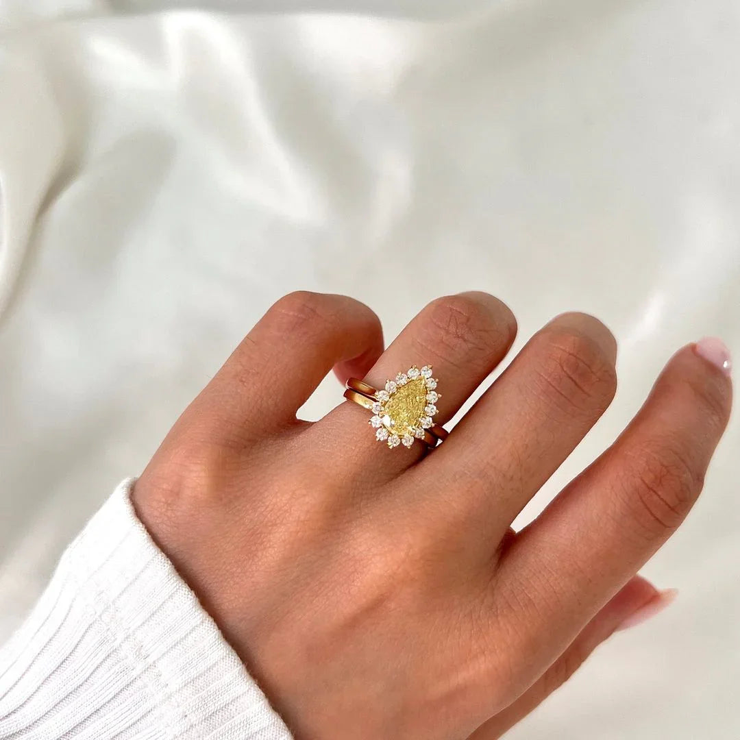 2.0ct Fancy yellow Pear Lab Grown Diamond Engagement Ring | Crown Setting | IGI Certified 