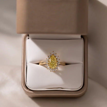 2.0ct Fancy yellow Pear Lab Grown Diamond Engagement Ring | Crown Setting | IGI Certified 