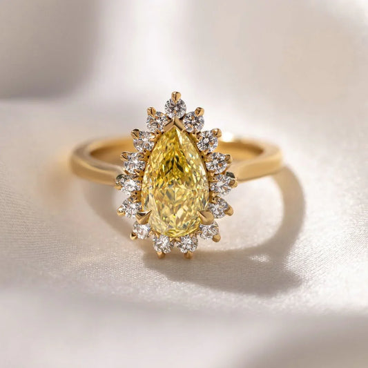 2.0ct fancy yellow pear lab grown diamond engagement ring IGI certified crown setting bridal wedding gold fine jewelry luxury elegant pear cut ring