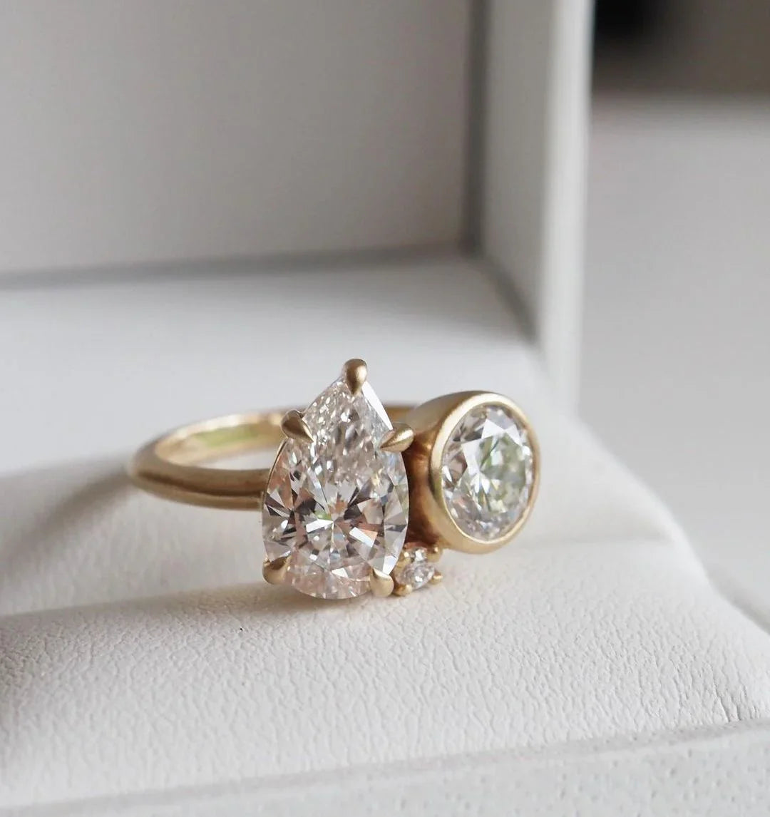 2.0 TCW pear & round lab grown diamond engagement ring Toi Et Moi full bezel IGI certified wedding ring bridal jewelry promise ring ethical luxury