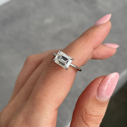 2.10 TCW emerald lab grown diamond engagement ring elongated east-west hidden halo IGI certified bridal wedding ring promise jewelry luxury sustainable gift