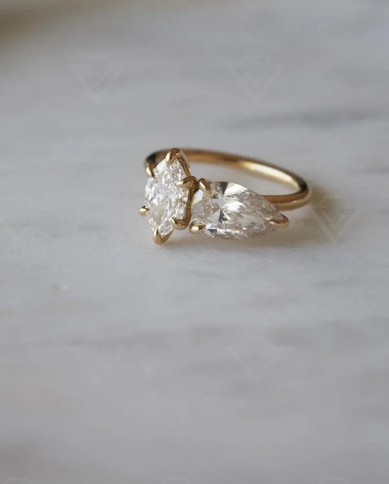 2.10tcw marquise pear lab grown diamond Toi et Moi ring design engagement ring wedding ring promise ring sustainable bridal jewelry gift for her