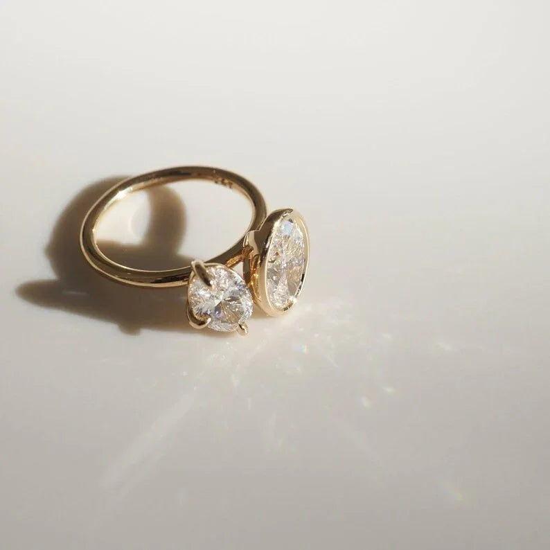 2.20tcw Duet Oval Full Bezel and with Pear Diamond Ring Toi et Moi Engagement Ring and wedding Ring 