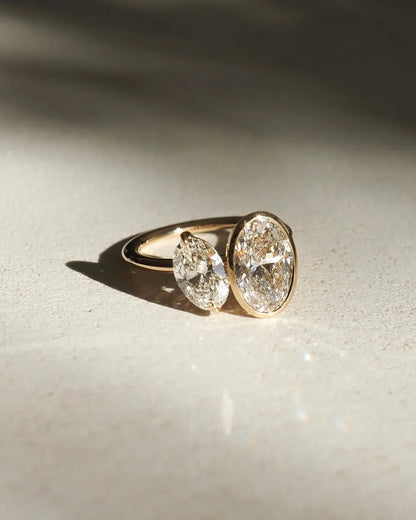 Oval pear duet diamond ring 2.20TCW, Toi et Moi engagement ring, full bezel setting, bridal wedding jewelry luxury
