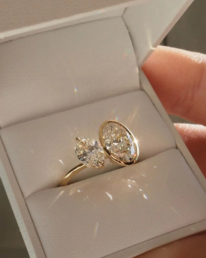 Luxury oval pear diamond Toi et Moi ring 2.20TCW, full bezel engagement and wedding ring, fine bridal jewelry

