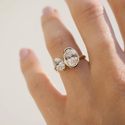 2.20tcw Duet Oval Full Bezel and with Pear Diamond Ring Toi et Moi Engagement Ring and wedding Ring 