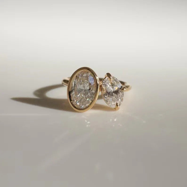 2.20tcw Duet Oval Full Bezel and with Pear Diamond Ring Toi et Moi Engagement Ring and wedding Ring 