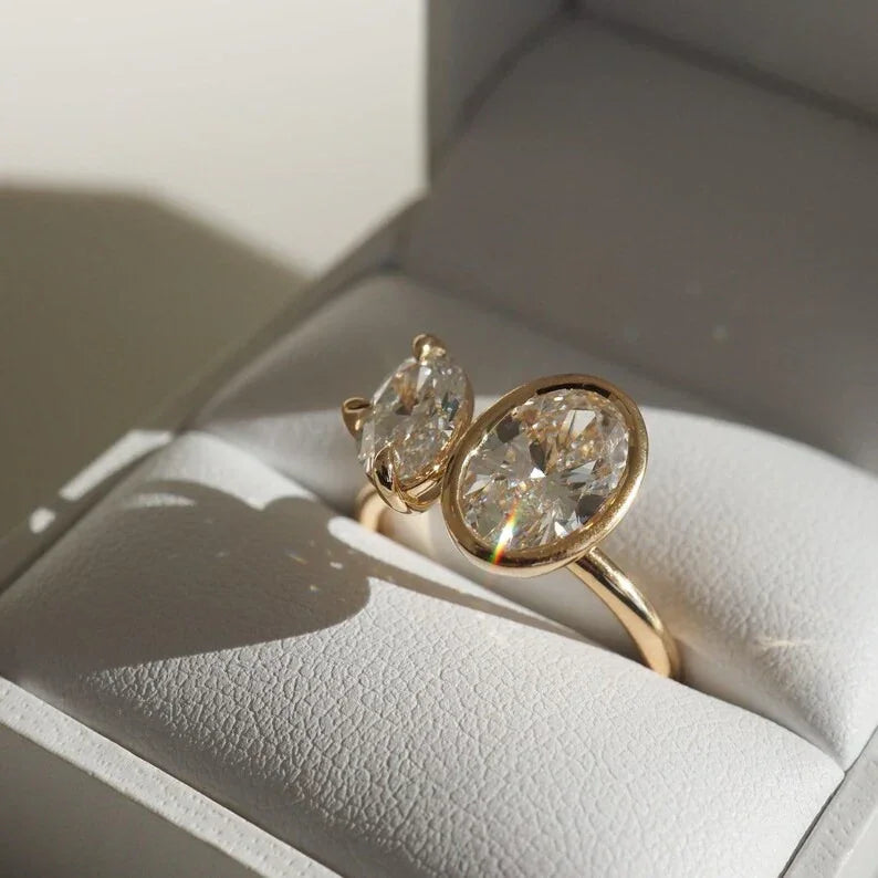 2.20tcw Duet Oval Full Bezel and with Pear Diamond Ring Toi et Moi Engagement Ring and wedding Ring 