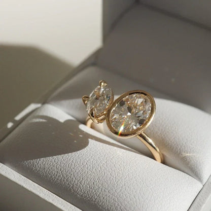 2.20tcw Duet Oval Full Bezel and with Pear Diamond Ring Toi et Moi Engagement Ring and wedding Ring 