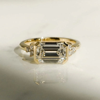 Luxury emerald cut lab created diamond ring 2.20TCW, round side stones, half bezel engagement ring, bridal jewelry
