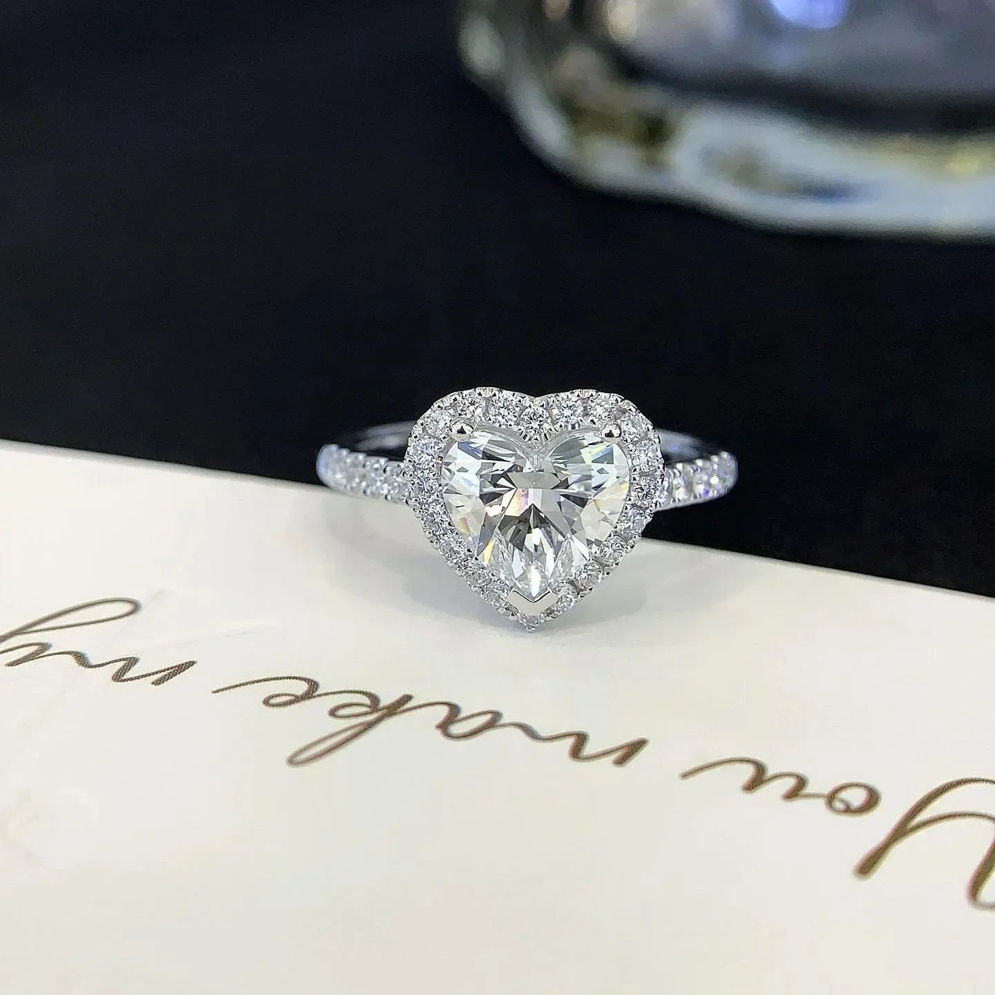 Luxury heart cut lab grown diamond ring, 2.20TCW halo pavé engagement ring, cathedral solitaire style, IGI certified
