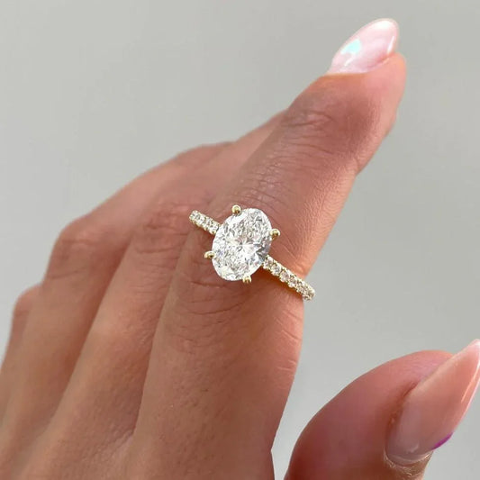2.20TCW oval lab grown diamond engagement ring, pavé band setting, IGI certified bridal ring, luxury wedding jewelry for women