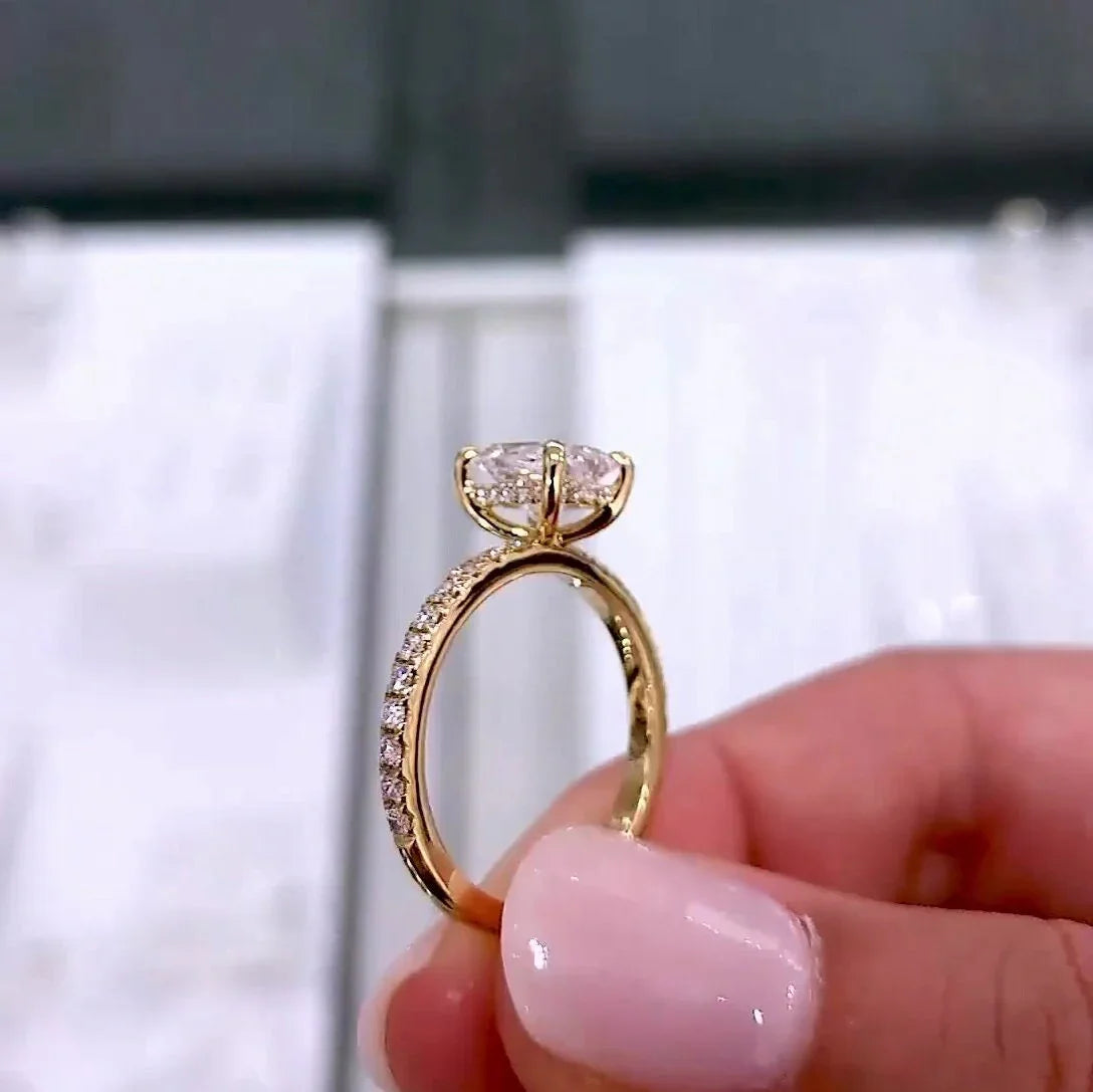 Cushion lab grown diamond engagement ring 2.30TCW, pavé band with hidden halo, IGI certified luxury wedding ring design