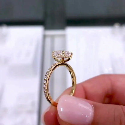 Cushion lab grown diamond engagement ring 2.30TCW, pavé band with hidden halo, IGI certified luxury wedding ring design