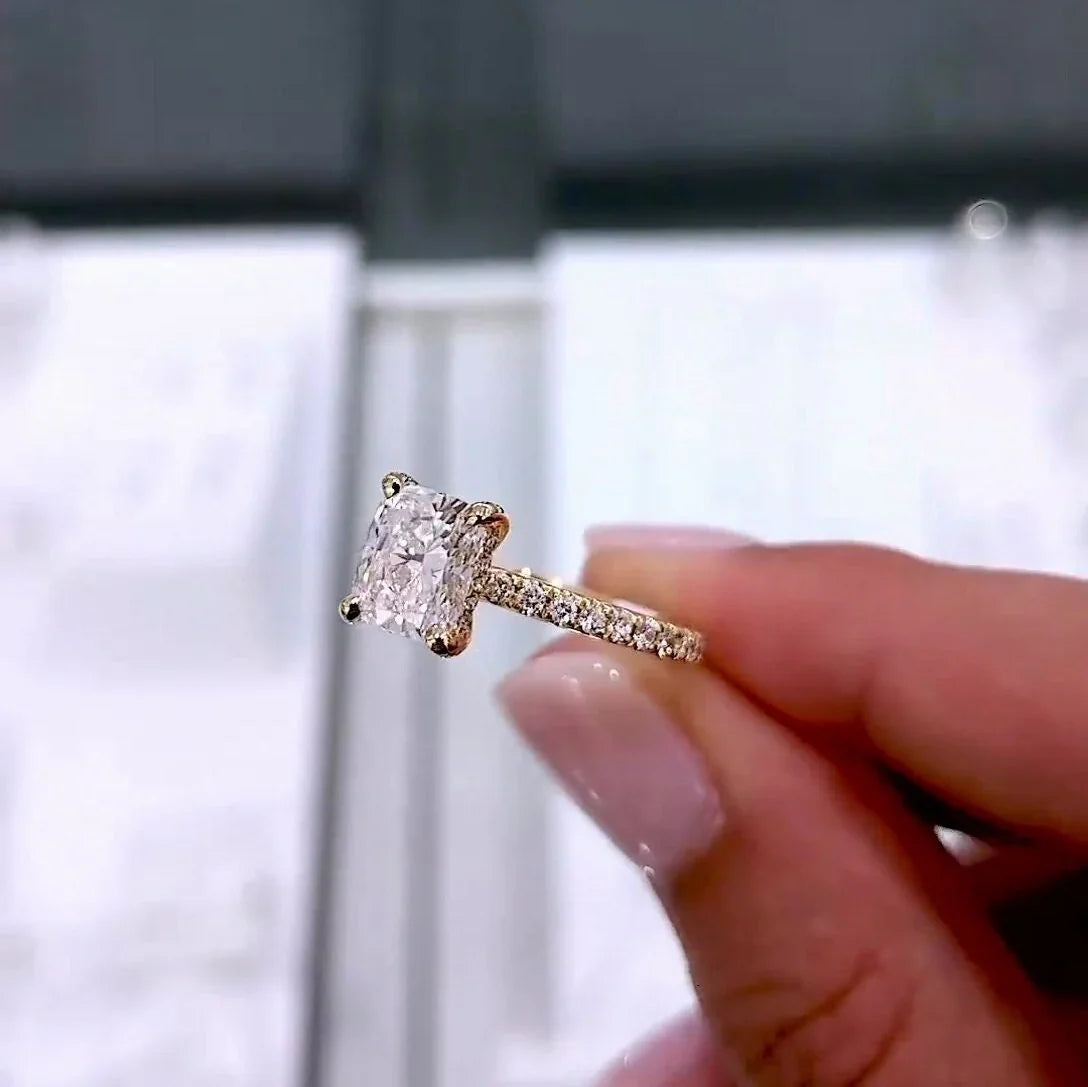 2.30 TCW Cushion Lab Grown Diamond Engagement Ring | Pavé Band with Hidden Halo | IGI Certified 