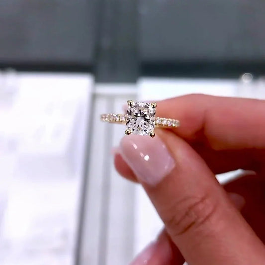 2.30TCW cushion lab grown diamond engagement ring, pavé band hidden halo setting, IGI certified bridal ring, luxury wedding jewelry