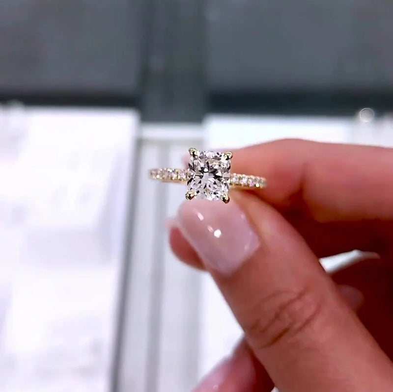 2.00 CT Cushion Lab Grown Diamond Engagement Ring | Pavé Band with Hidden Halo | IGI Certified
