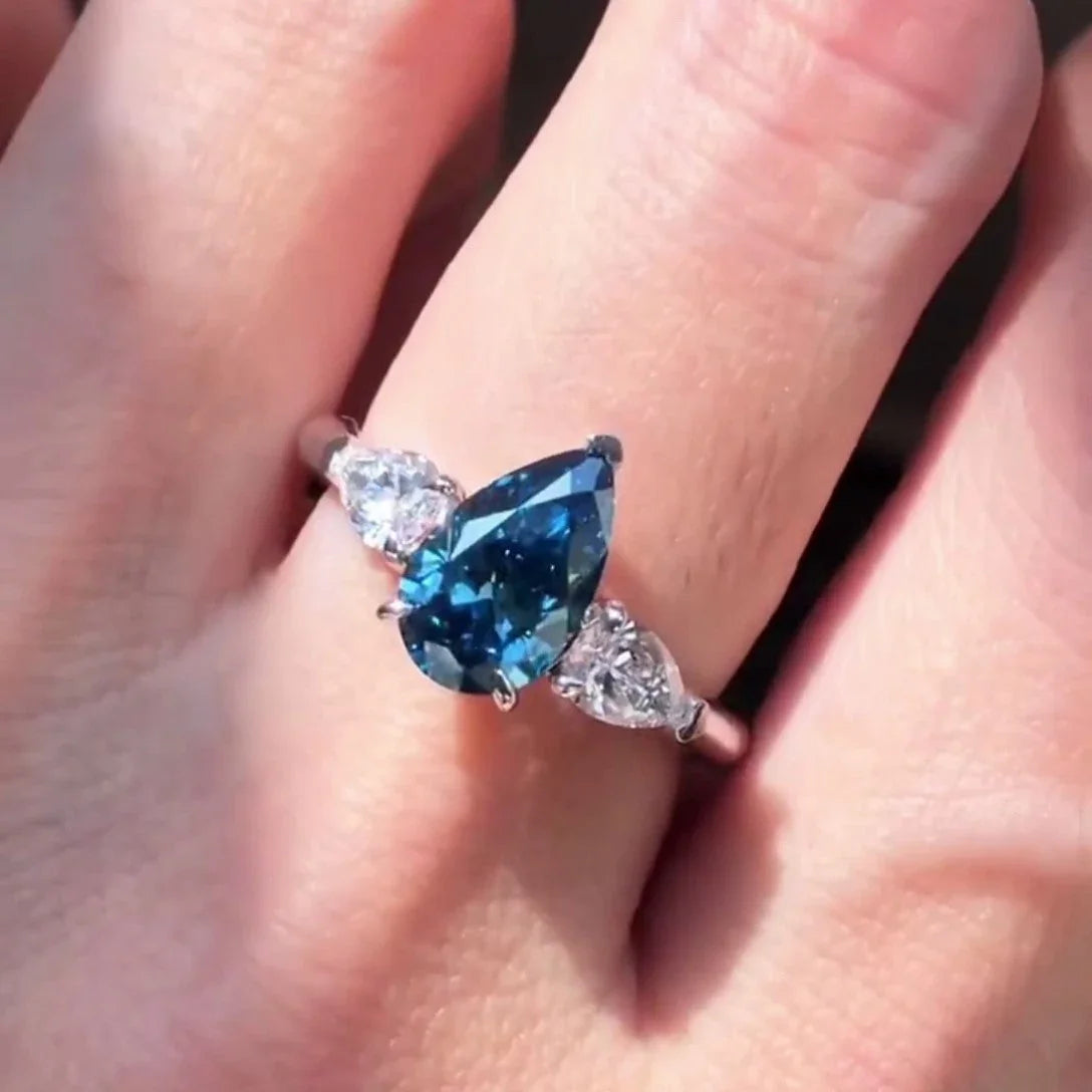 2.00CT fancy blue pear lab grown diamond engagement ring, pavé three stone setting, IGI certified bridal ring, luxury wedding jewelry