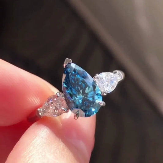 2.30TCW fancy blue pear lab grown diamond engagement ring, pavé three stone setting, IGI certified bridal ring, luxury wedding jewelry